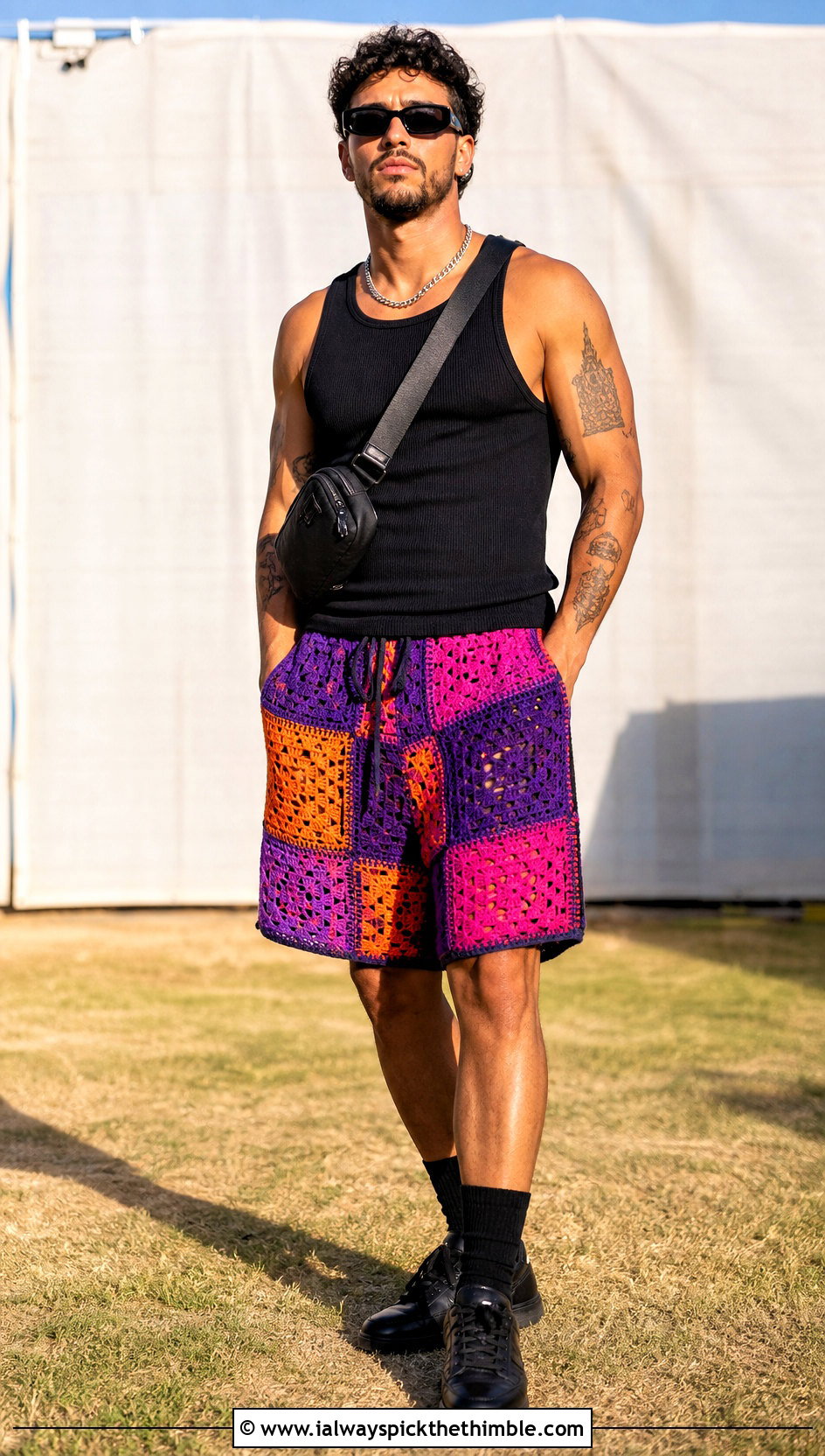 Patchwork Crochet Shorts With Black Tank Top - 20 Crochet Shorts Mens outfit ideas