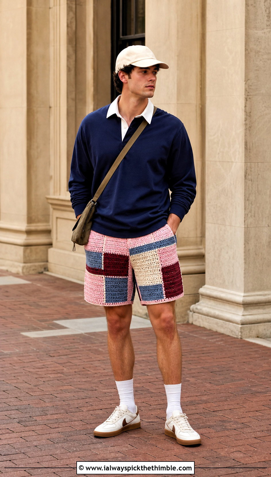 Patchwork Crochet Shorts With Rugby Shirt - 15 crochet shorts men outfit ideas