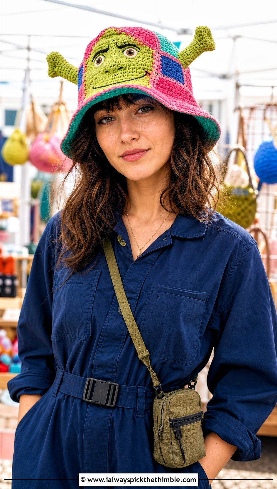 Patchwork Crochet Shrek Bucket Hat With Utility Jumpsuit - 15 Crochet Shrek Bucket Hat outfit ideas