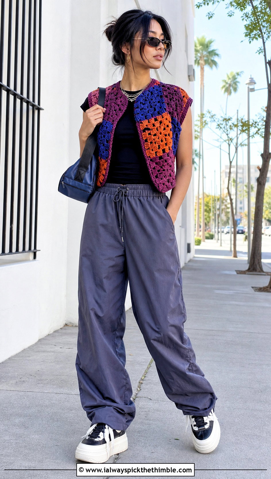 Patchwork Crochet Shrug Vest With Parachute Pants - 15 crochet shrug vest outfit ideas