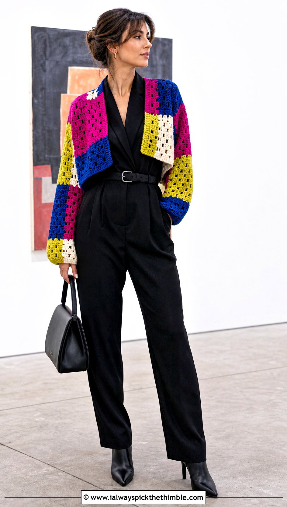 Patchwork Crochet Shrug With Black Jumpsuit - 25 crocheted shrug outfit ideas