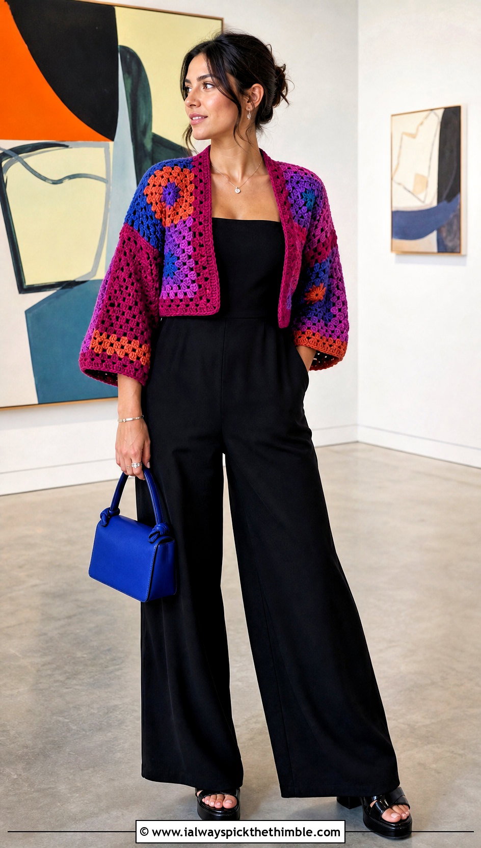 Patchwork Crochet Shrug With Black Jumpsuit - 20 Crochet Long Sleeve Half Top outfit ideas