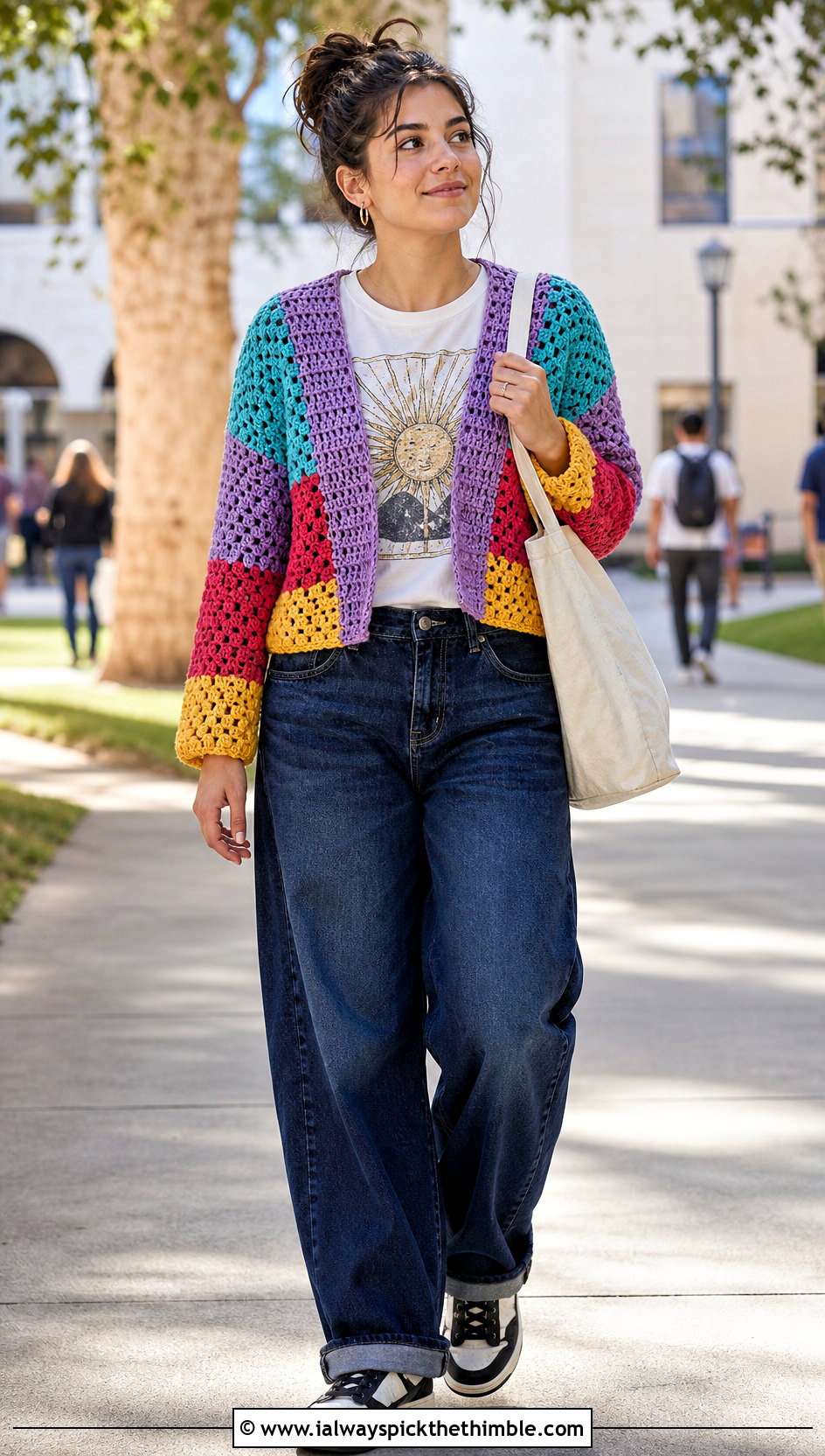 Patchwork Crochet Shrug With Graphic T Shirt And Jeans - 25 easy crochet shrug outfit ideas