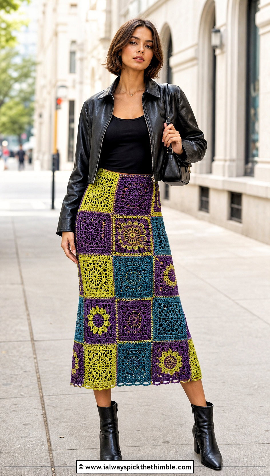 Patchwork Crochet Skirt With Leather Jacket And Ankle Boots - 20 Simple Crochet Skirt outfit ideas