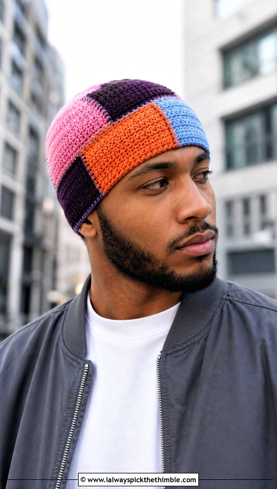 Patchwork Crochet Skull Cap With Bomber Jacket And Wide Leg Jeans - 20 Mens Crochet Skull Cap outfit ideas