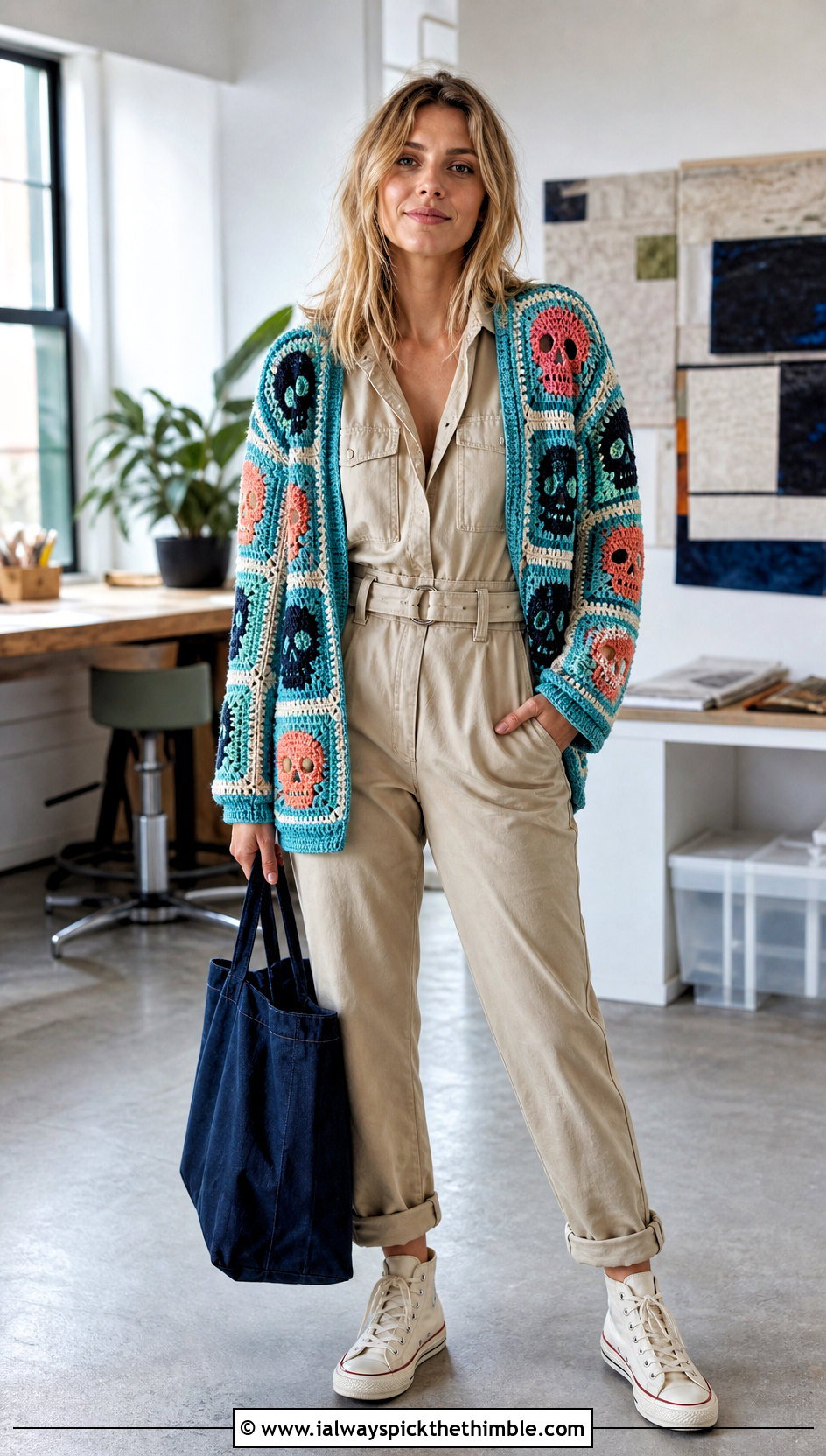 Patchwork Crochet Skull Granny Square Cardigan With Utility Jumpsuit - 20 crochet skull granny square cardigan outfit ideas