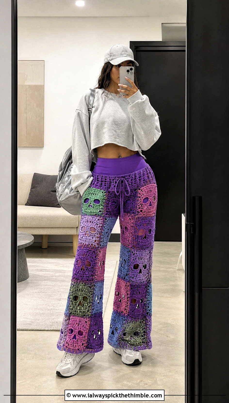 Patchwork Crochet Skull Pants With Cropped Sweatshirt - 20 Crochet Skull Pants outfit ideas