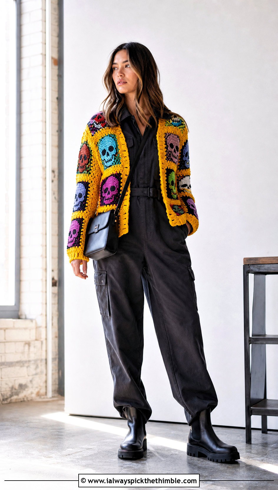 Patchwork Crochet Skull Sweater With Utility Jumpsuit - 25 crochet skull sweater outfit ideas