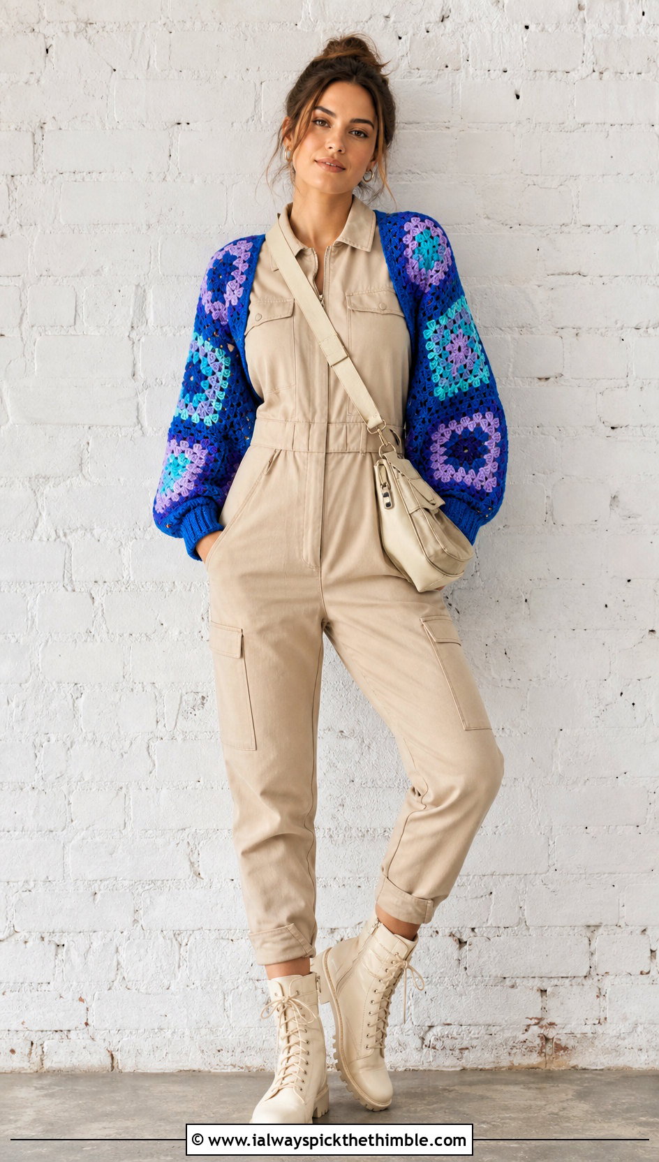 Patchwork Crochet Sleeve Top With Utility Jumpsuit - 25 crochet sleeve top outfit ideas