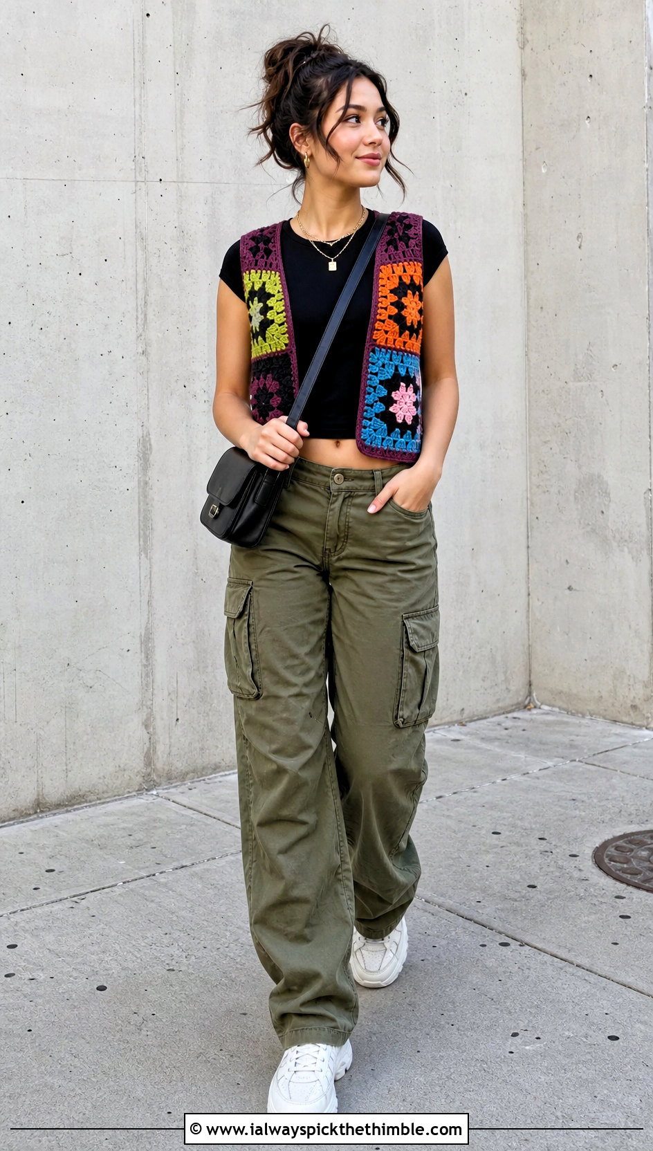 Patchwork Crochet Sleeveless Vest With Cargo Pants - 25 crochet sleeveless vest outfit ideas