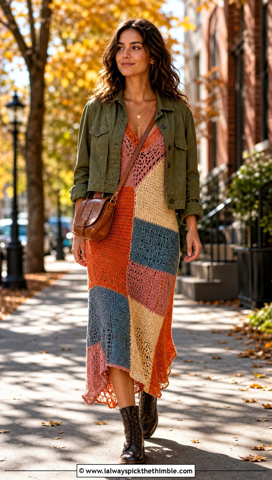 Patchwork Crochet Slip Dress With Utility Jacket - 20 crochet slip dress outfit ideas