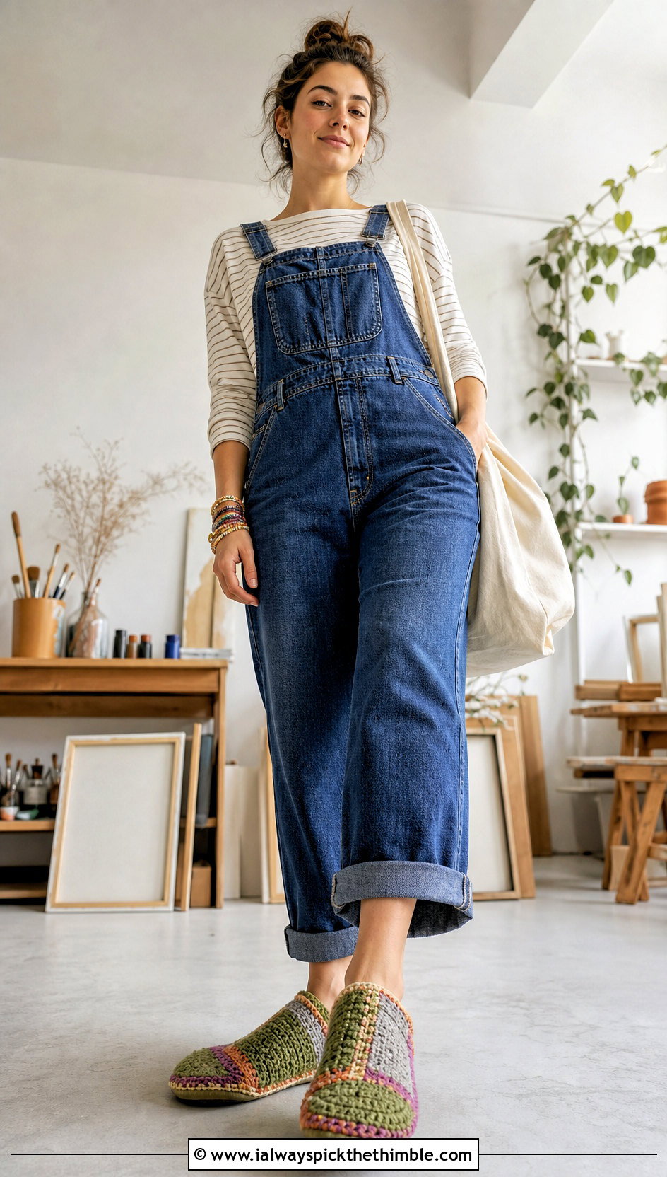Patchwork Crochet Slippers With Denim Overalls - 20 Cute Crochet Slippers outfit ideas