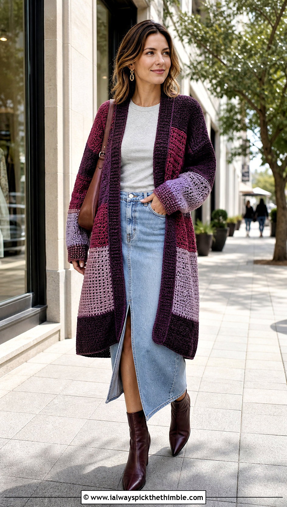 Patchwork Crochet Slouchy Cardigan With Denim Midi Skirt - 20 Crochet Slouchy Cardigan outfit ideas