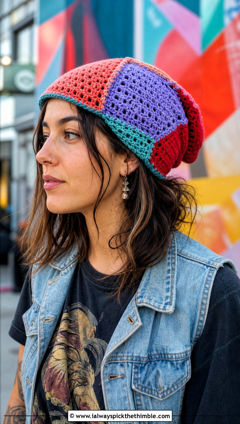 Patchwork Crochet Slouchy Hat With Graphic Tee And Maxi Skirt - 25 crochet slouchy hat outfit ideas