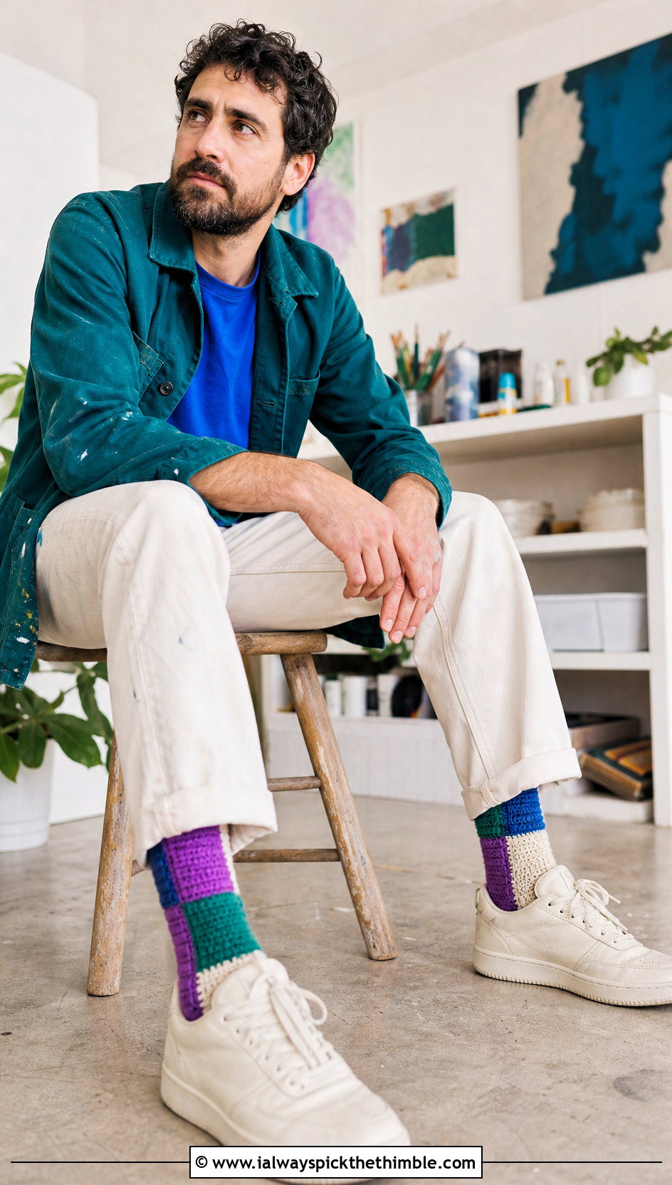 Patchwork Crochet Socks With Artist Jacket And Ecru Jeans - 25 crochet socks for men outfit ideas