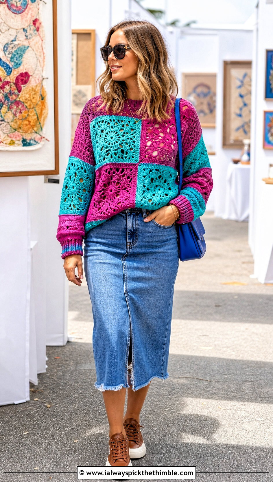 Patchwork Crochet Spring Sweater With Denim Midi Skirt - 25 crochet spring sweater outfit ideas