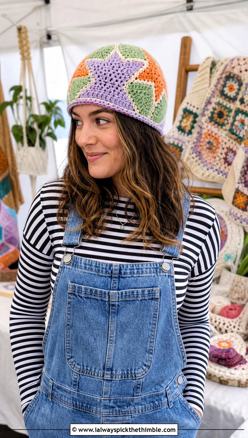 Patchwork Crochet Star Beanie With Overalls - 25 crochet star beanie outfit ideas
