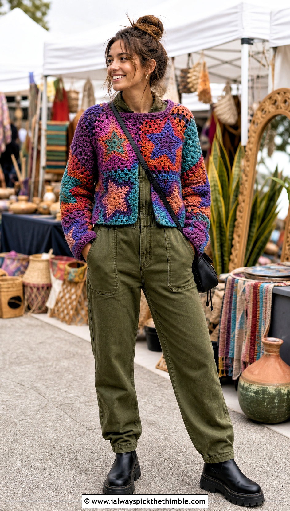 Patchwork Crochet Star Sweater With Utility Jumpsuit - 25 crochet star sweater outfit ideas