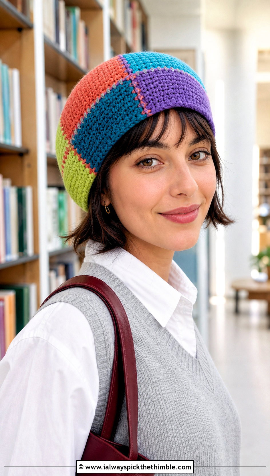 Patchwork Crochet Stocking Cap With Neutral Layers - 20 crochet stocking cap outfit ideas