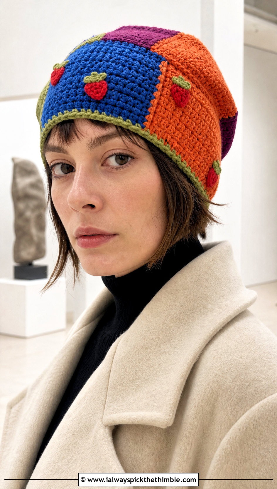 Patchwork Crochet Strawberry Beanie With Minimalist Outfit - 20 Crochet Strawberry Beanie outfit ideas