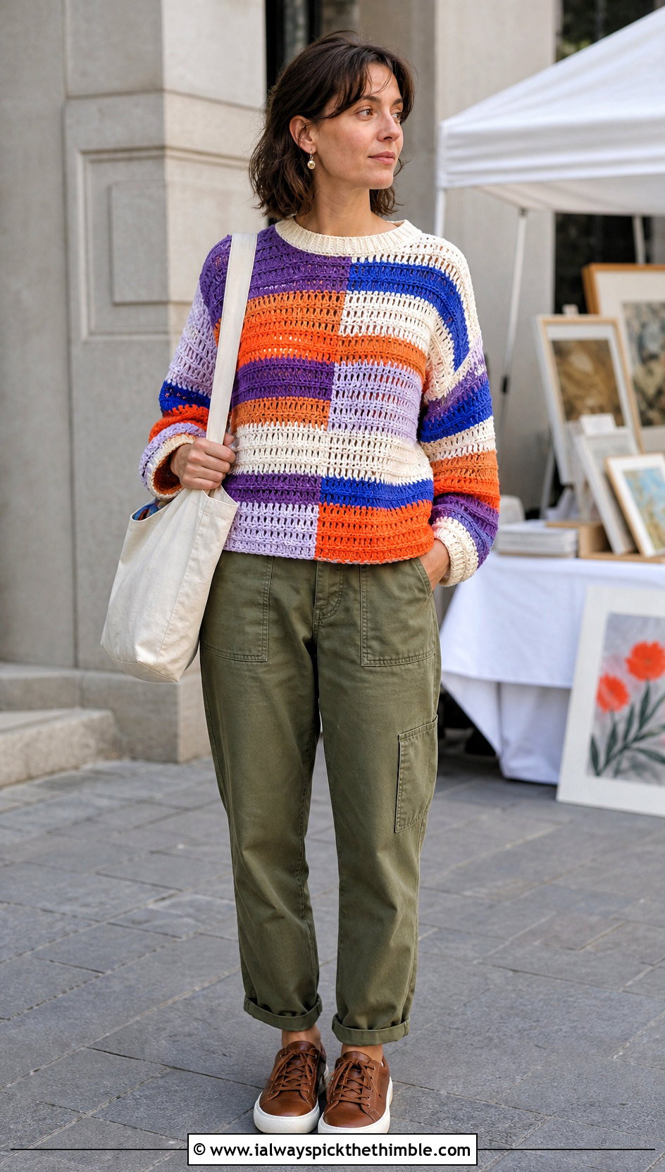 Patchwork Crochet Striped Sweater With Utility Pants - 25 crochet striped sweater outfit ideas
