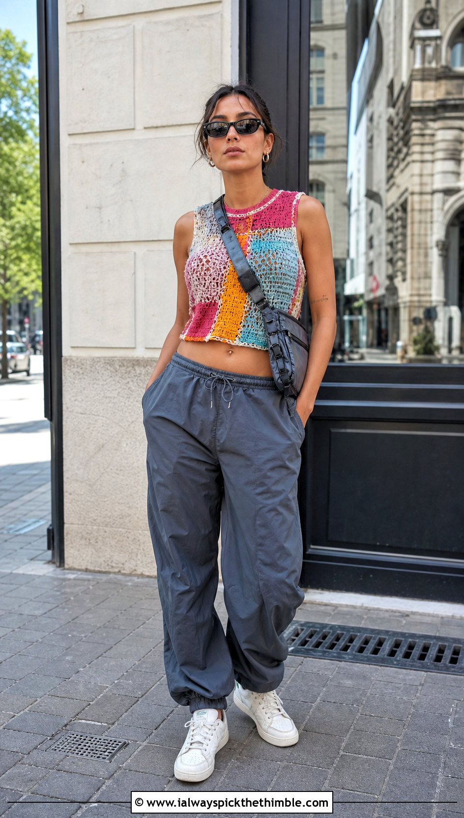 Patchwork Crochet Subversive Top With Parachute Pants - 15 Crochet Subversive Top outfit ideas