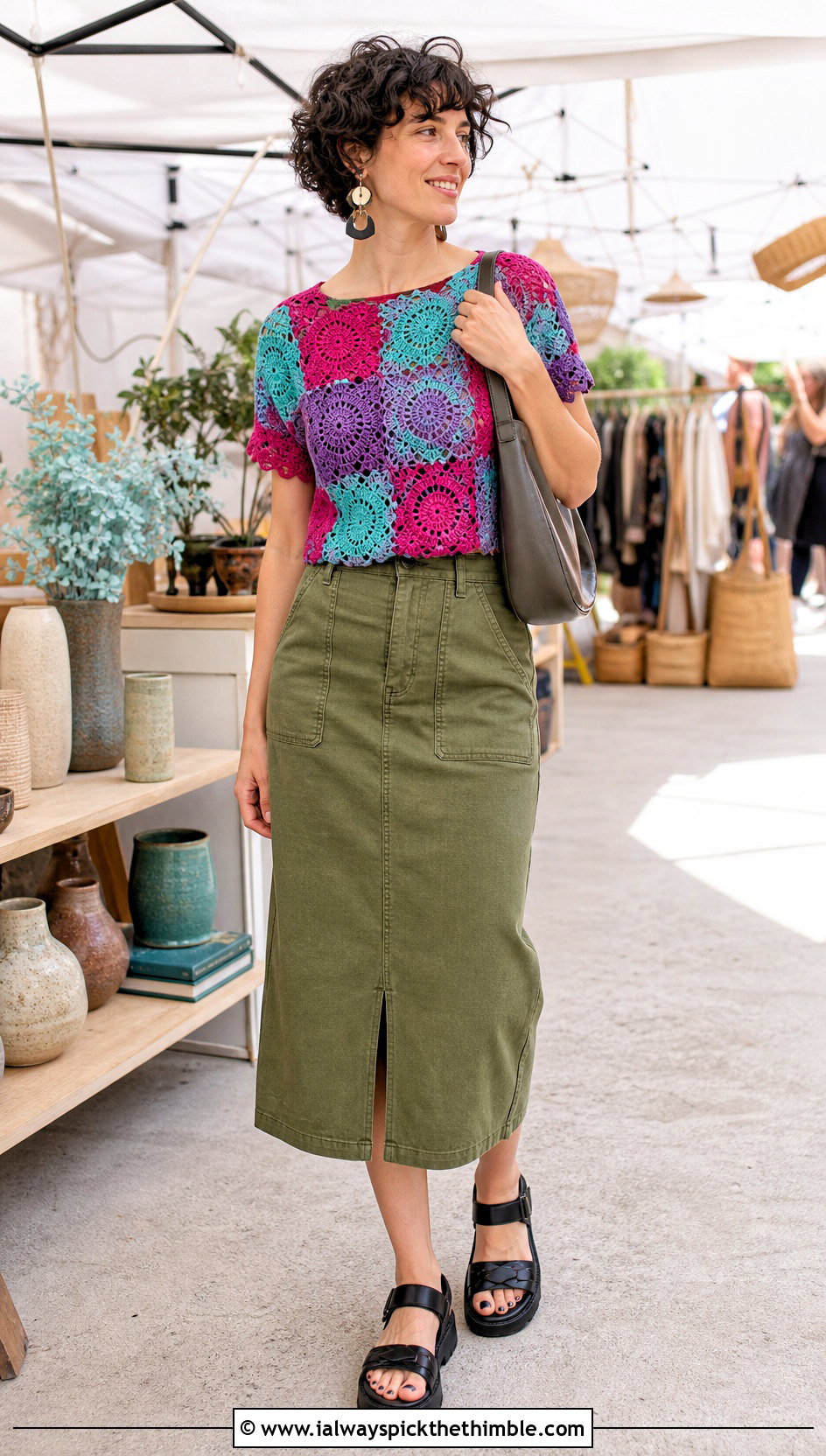 Patchwork Crochet Summer Blouse With Utility Skirt - 25 crochet summer blouse outfit ideas