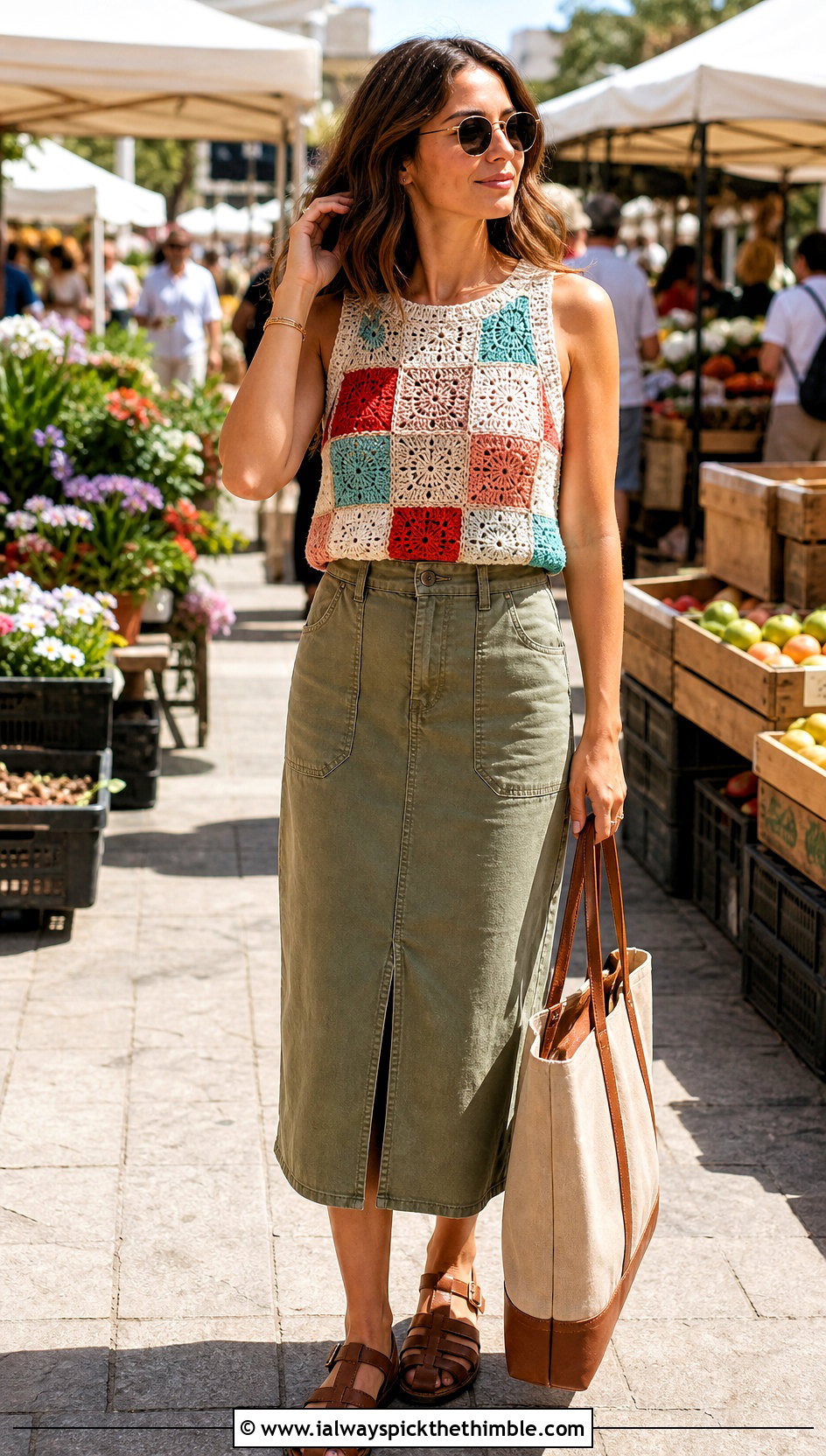 Patchwork Crochet Summer Jumper With Utility Midi Skirt - 20 Crochet Summer Jumper outfit ideas