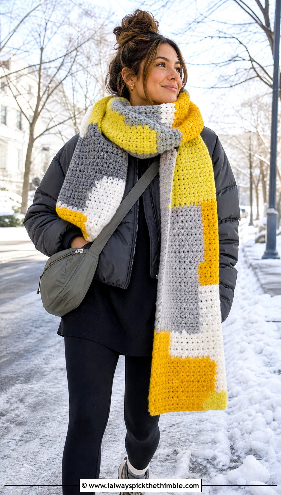 Patchwork Crochet Super Scarf With Puffer Jacket - 15 Patchwork Crochet Scarf outfit ideas