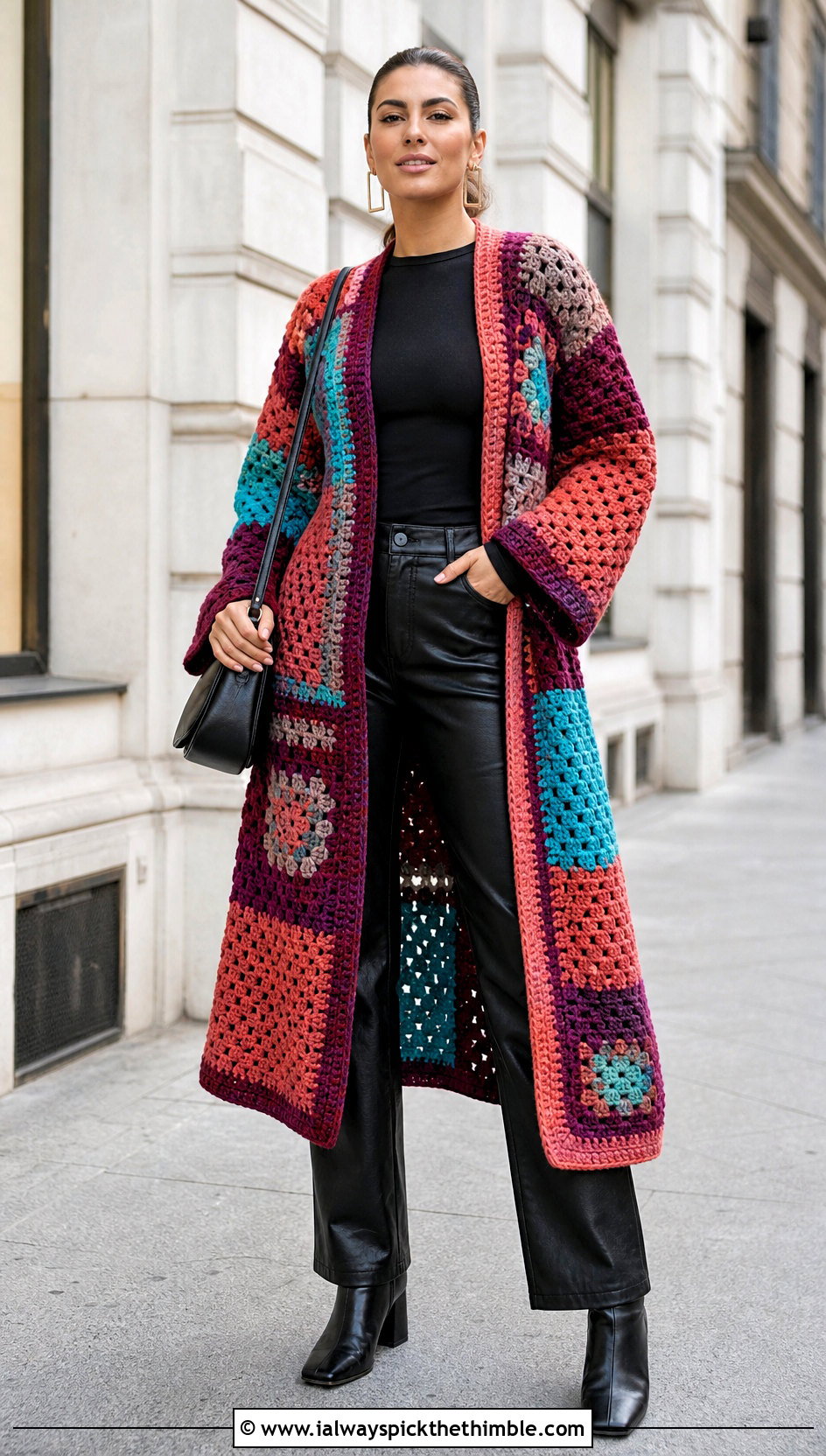 Patchwork Crochet Sweater Coat With Leather Pants - 20 Crochet Sweater Coat outfit ideas