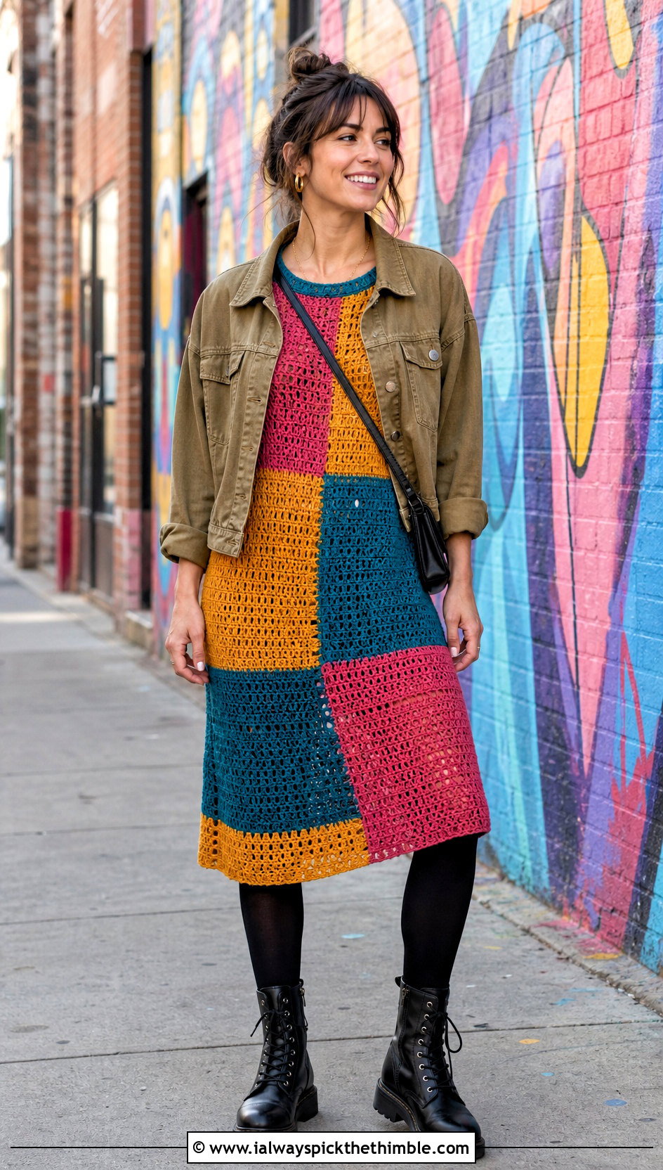 Patchwork Crochet Sweater Dress With Combat Boots - 25 crochet sweater dress outfit ideas