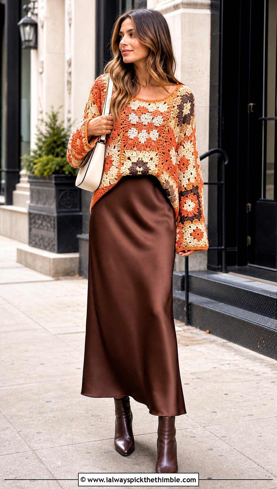 Patchwork Crochet Sweater Over A Slip Dress - 20 Patterned Crochet Sweater outfit ideas