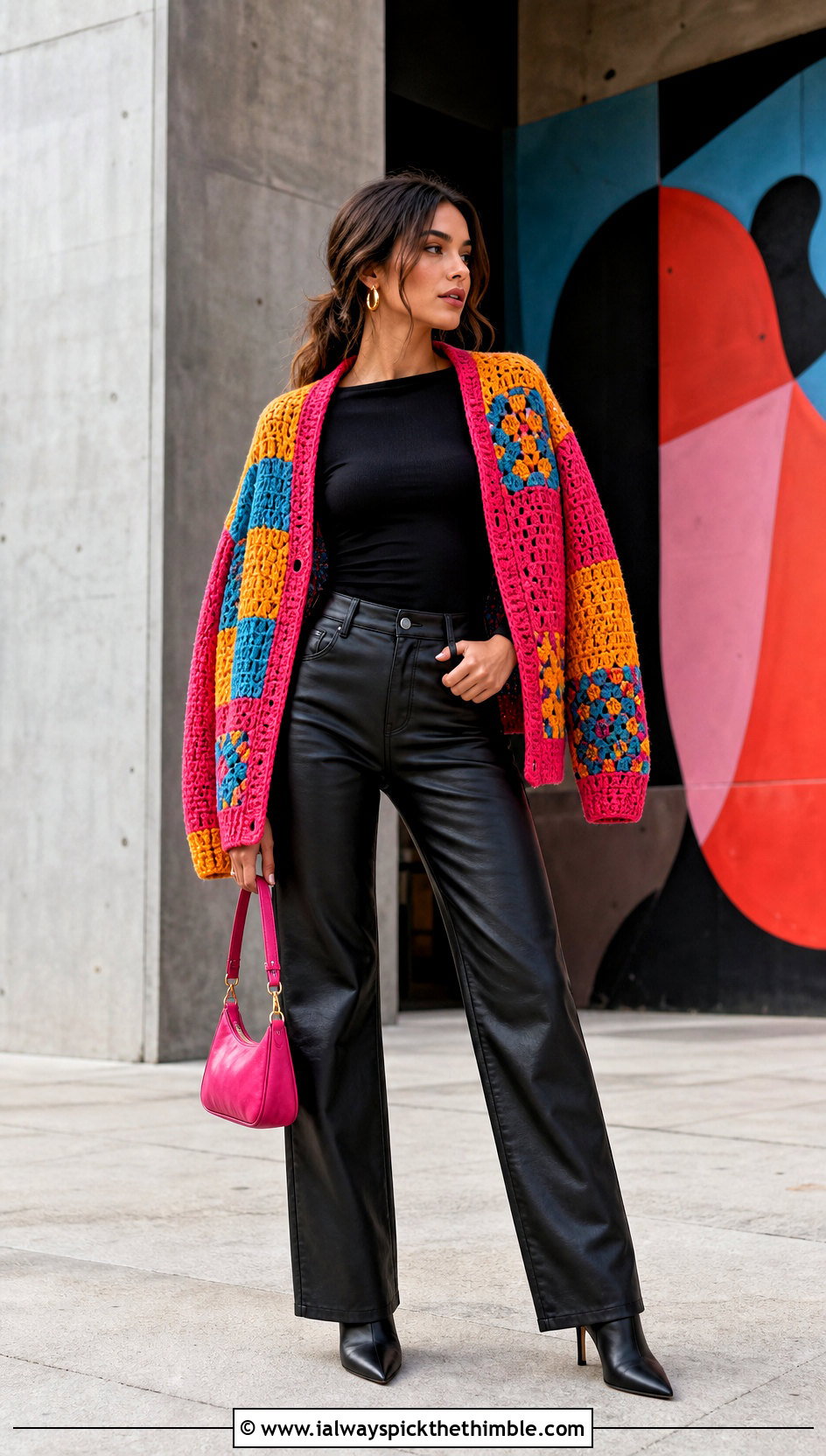 Patchwork Crochet Sweater Over Shoulders With Leather Pants - 20 Crochet Over The Shoulder Sweater outfit ideas