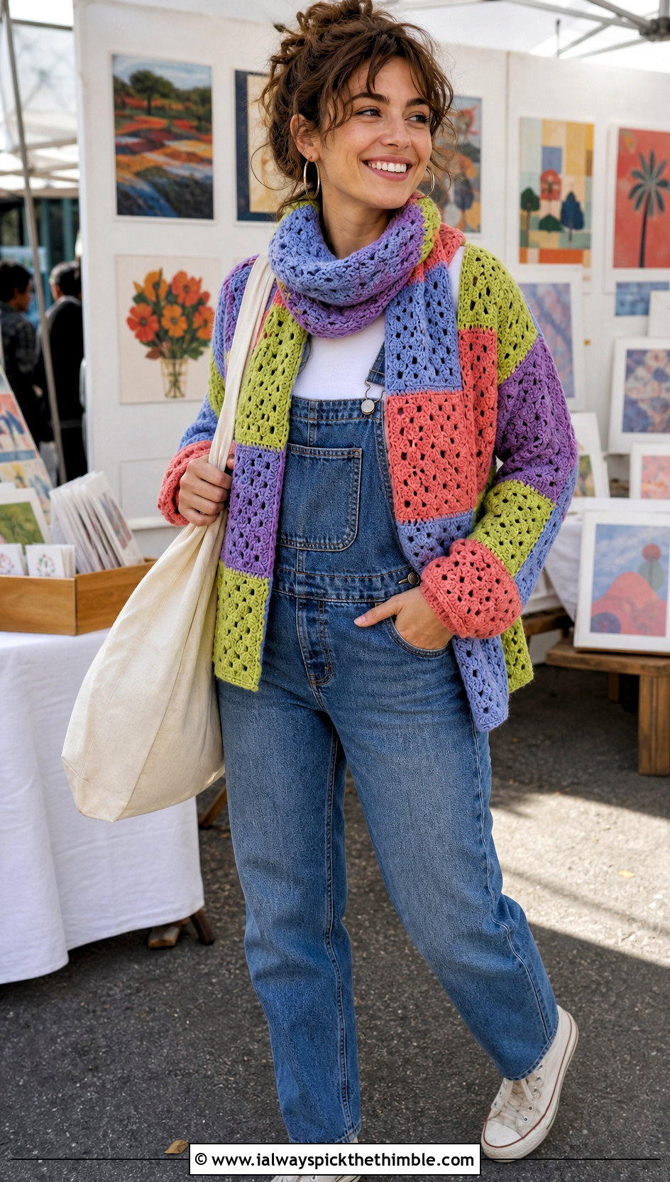 Patchwork Crochet Sweater Scarf With Denim Overalls - 25 crochet sweater scarf outfit ideas