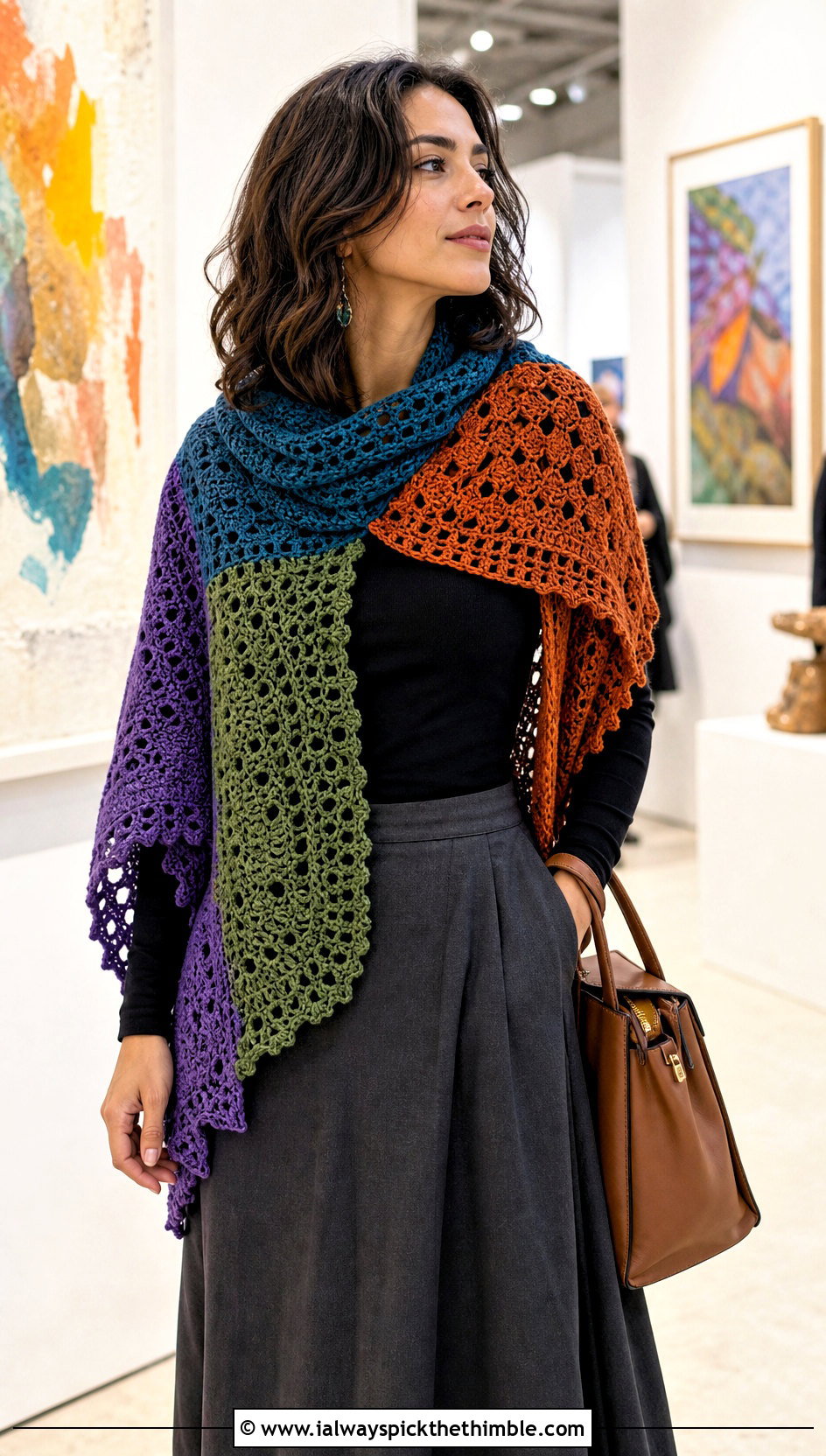 Patchwork Crochet Sweater Scarf Wrap With Maxi Skirt - 20 crochet scarf sweater wrap outfit ideas