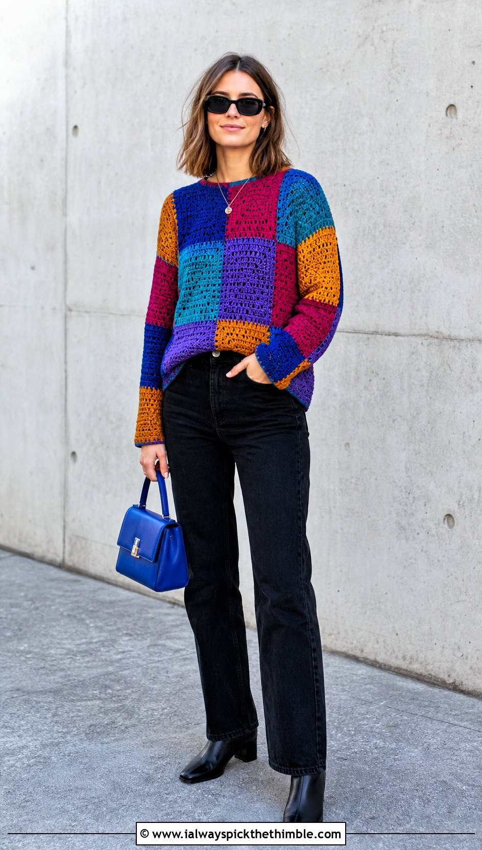 Patchwork Crochet Sweater Top With Black Jeans - 25 Crochet Top Sweater outfit ideas