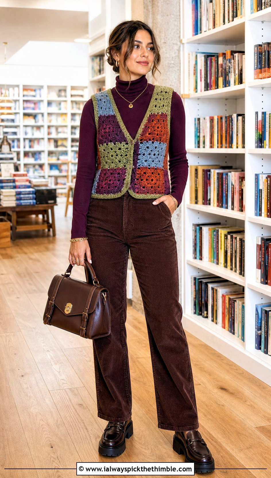 Patchwork Crochet Sweater Vest With Corduroy Pants - 20 diy crochet sweater vest outfit ideas