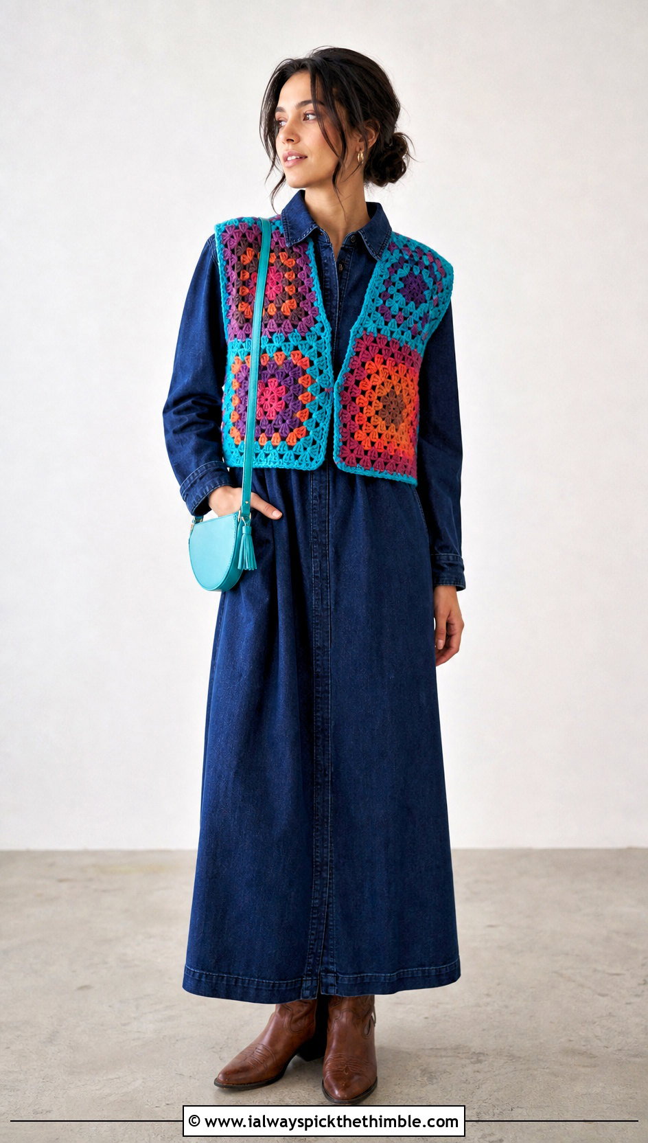 Patchwork Crochet Sweater Vest With Maxi Denim Dress - 15 Handmade Crochet Sweater Vest outfit ideas