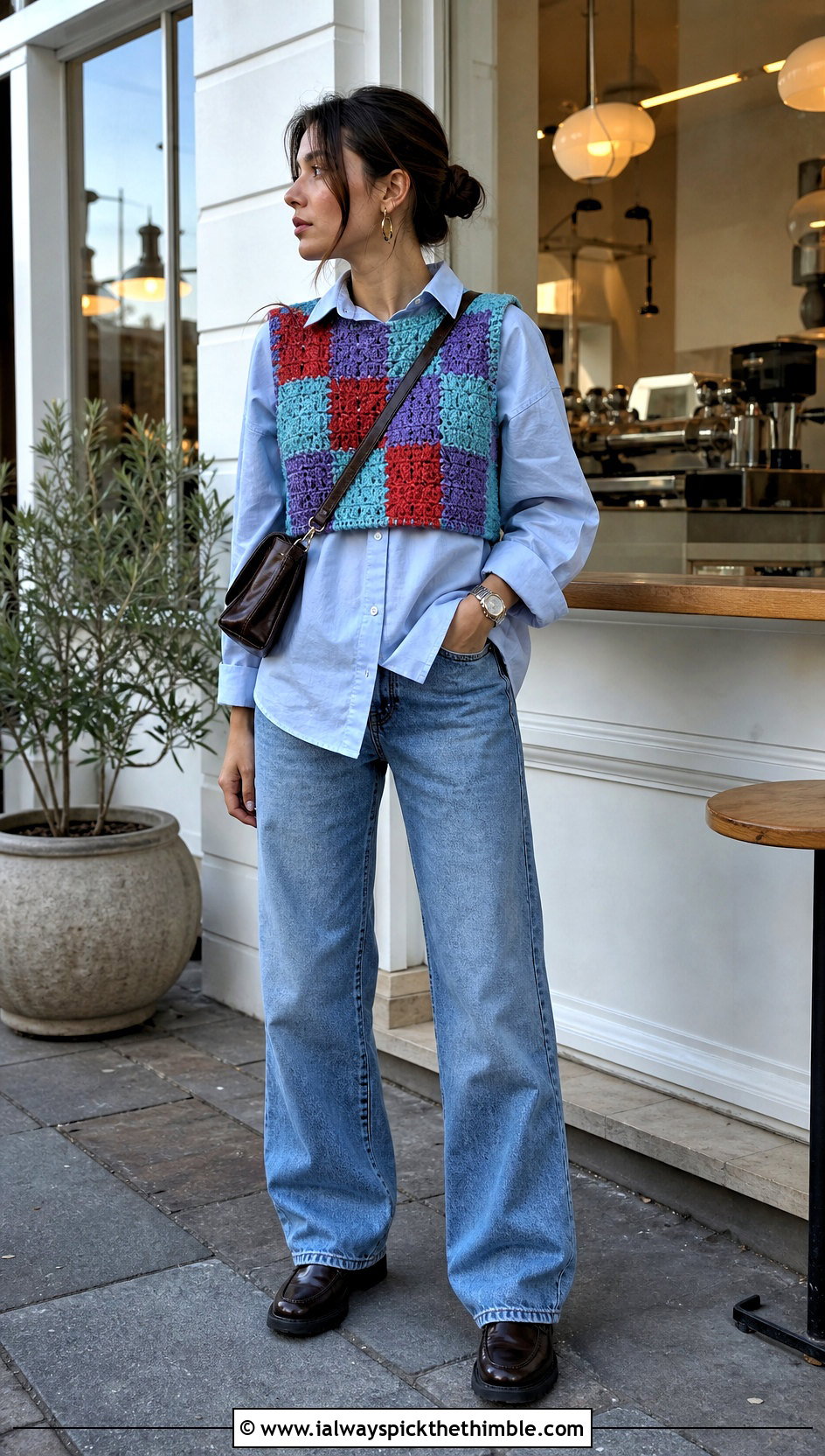 Patchwork Crochet Sweater Vest With Poplin Shirt And Jeans - 25 patchwork crochet sweater outfit ideas
