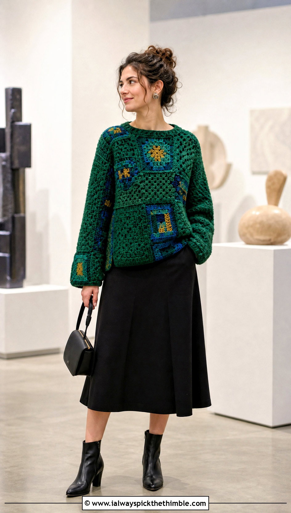 Patchwork Crochet Sweater With A Black Midi Skirt - 20 handmade crochet sweater outfit ideas