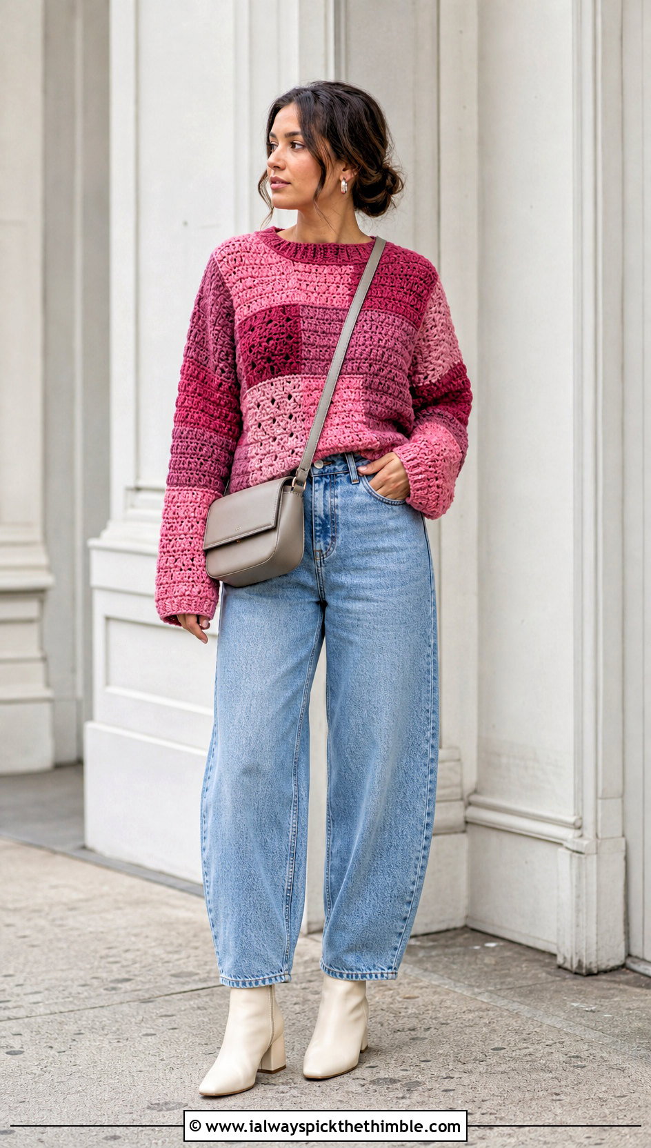 Patchwork Crochet Sweater With Barrel Jeans - 25 crochet sweater ideas