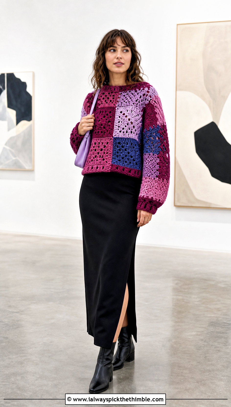 Patchwork Crochet Sweater With Black Column Skirt - 25 crochet sweater women outfit ideas