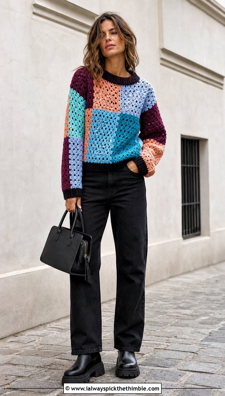 Patchwork Crochet Sweater With Black Denim - 20 cool crochet sweater outfit ideas
