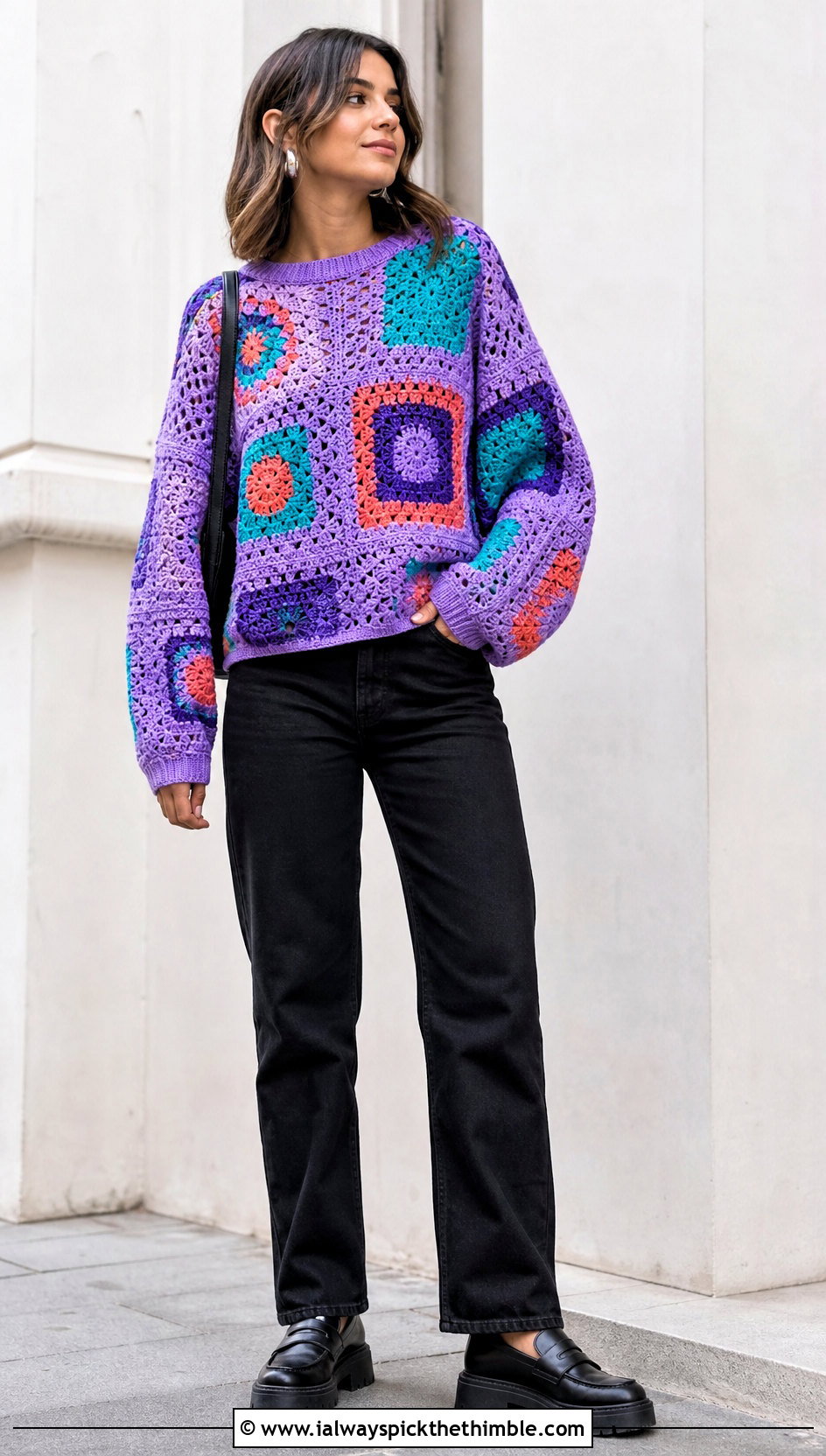 Patchwork Crochet Sweater With Black Jeans - 20 spring crochet sweater outfit ideas