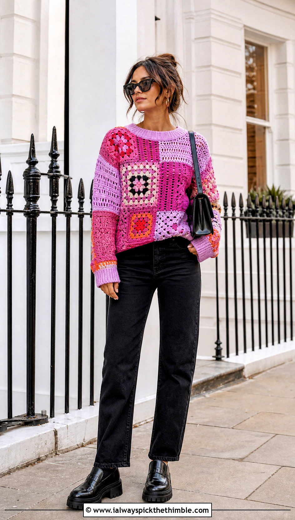 Patchwork Crochet Sweater With Black Jeans - 25 crochet sweaters outfit ideas