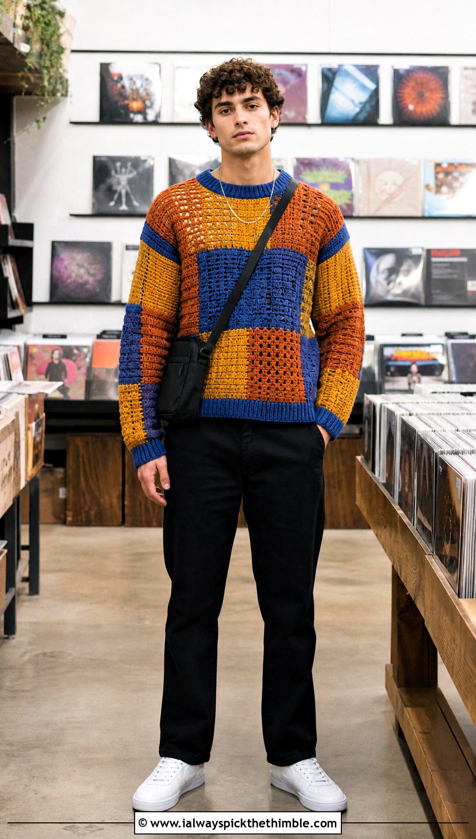 Patchwork Crochet Sweater With Black Jeans - 20 male crochet sweater outfit ideas