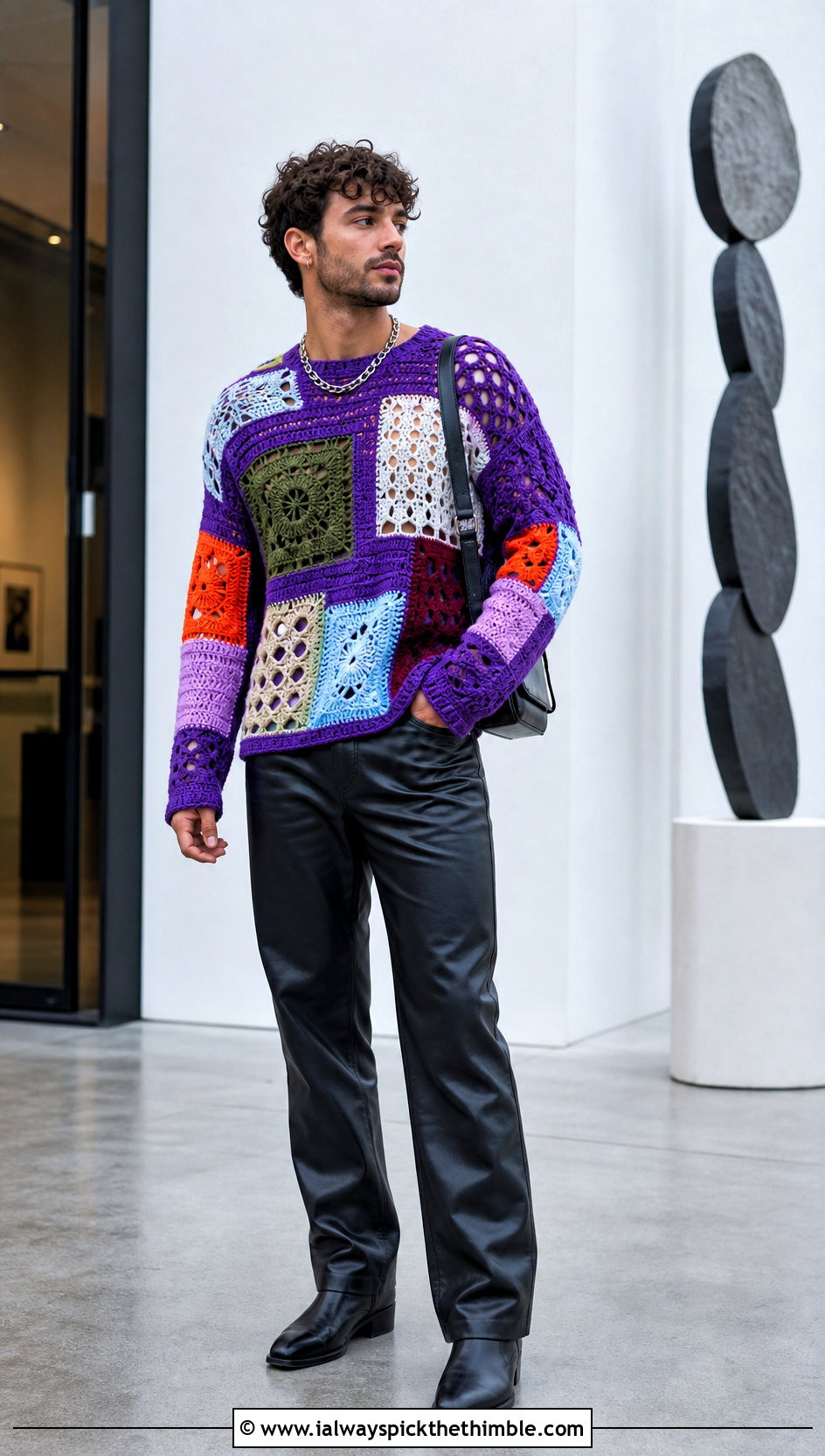 Patchwork Crochet Sweater With Black Leather Pants - 25 men's crochet sweater ideas