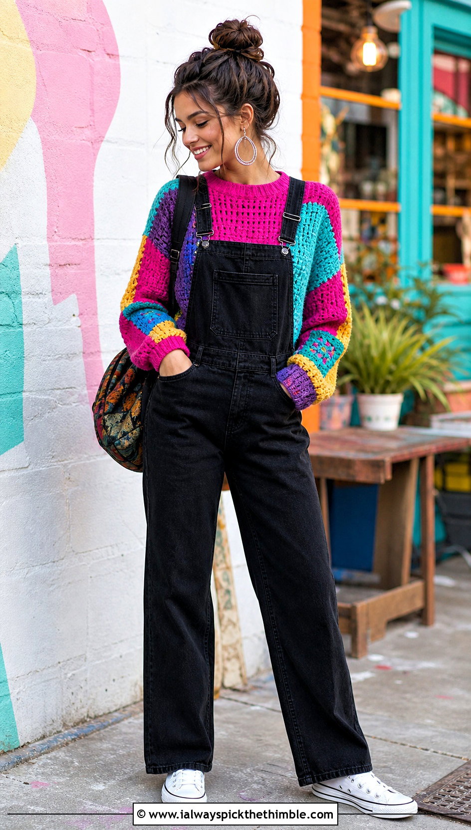 Patchwork Crochet Sweater With Black Overalls - 20 Crocheted Sweaters For Women outfit ideas