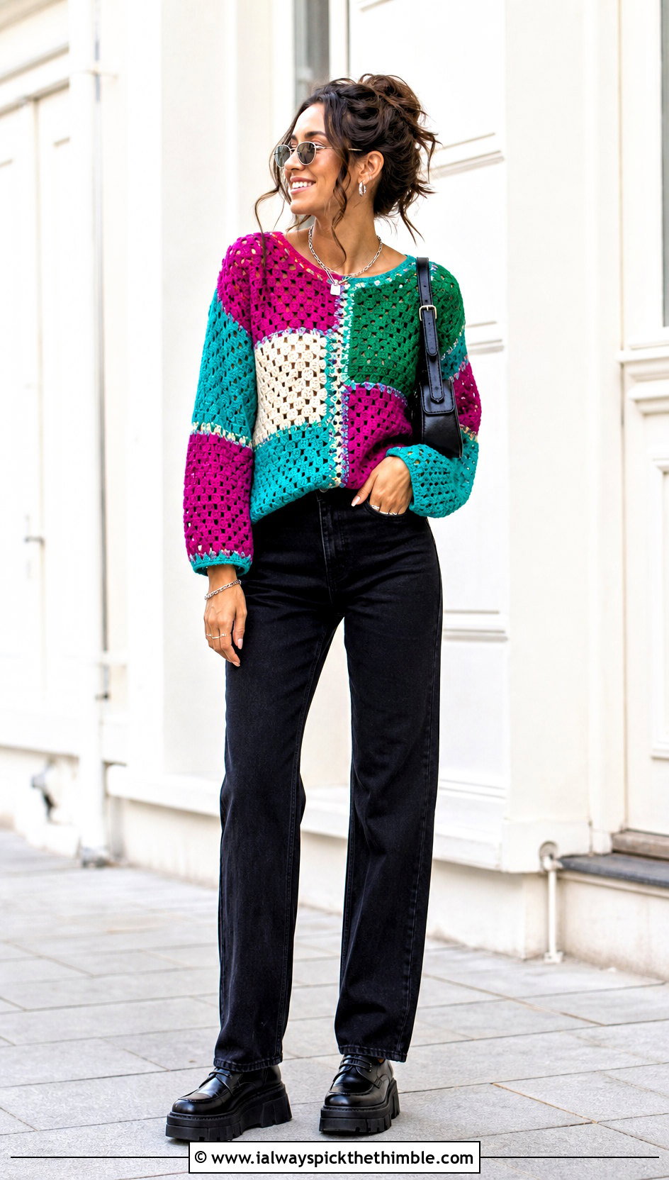 Patchwork Crochet Sweater With Black Straight Jeans - 20 Knit And Crochet Sweater outfit ideas
