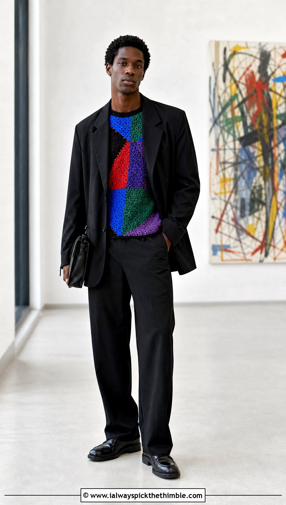 Patchwork Crochet Sweater With Black Suit - 25 men crochet sweater outfit ideas